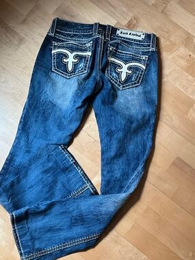 Rock Revival Men's Dark Blue Bootcut Jeans with White Embroidery